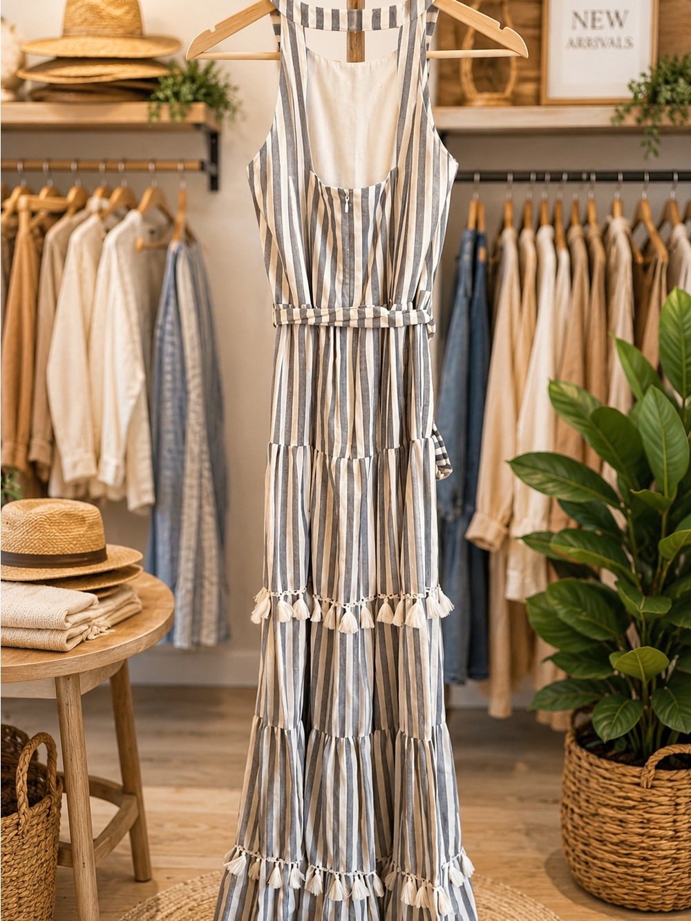 Eliza J Size 10 Striped Tiered Maxi Dress Tassel Trim Belted Boho Coastal Resort - Picture 2 of 7